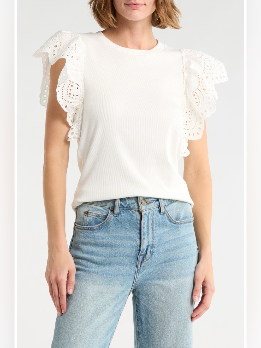 Joie Women’s Embroidered Cap Sleeve Ivory Rib Top Size Medium NWT